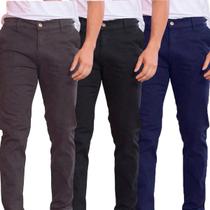 Kit 3 Calças de Sarja Preto / Chumbo e Azul-Marinho Corte Alfaiataria Masculina Slim Fit com Lycra Bolso Embutido Social Casual Kit 3 Calças de Sarja Preto / Chumbo e Azul-Marinho Corte Alfaiataria Masculina Slim Fit com Lycra Bolso Embutido Social Casual