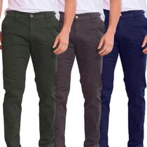 Kit 3 Calças de Sarja Verde-Militar / Chumbo e Azul-Marinho Corte Alfaiataria Masculina Slim Fit com Lycra Bolso Embutido Social Casual