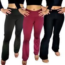 Kit 3 Calças Femininas Flare Bailarina Cós Lisa Cores Sortidas Suplex Pp Ao Plus Size