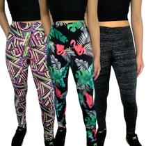 Kit 3 Calças Femininas Legging Justas Cós Cintura Alta Estampas Sortidas Suplex PP ao Plus Size