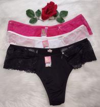 Kit 3 calças fio plus size com renda na lateral preta, branca e pink