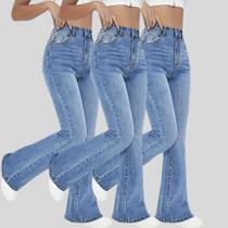 KIT 3 Calças Flare Jeans Feminina Boca de Sino Cintura Alta Modeladora Confort KIT 3 Calças Flare Jeans Feminina Boca de Sino Cintura Alta Modeladora Confort