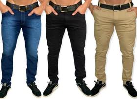 Kit 3 Calças Jeans e Sarja Skinny Masculina Linha Premium Tradicional