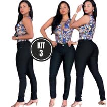 Kit 3 Calças Jeans Feminina Lycra Super Strech Preta Skini Cintura Alta Levanta Bumbum Premium Justinha