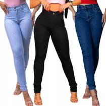 Kit 3 Calças Jeans Feminina Skinny Cintura Alta Levanta Bumbum