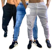 kit 3 calças jeans masculina jogger branca rasgada com lycra - sky jeans