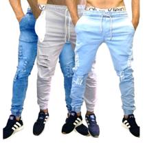 kit 3 calças jeans masculina jogger branca rasgada com lycra - sky jeans