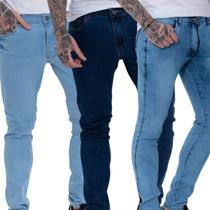 Kit 3 Calças Jeans Masculina Skinny Azul Média Clara Elastano Premium Kit 3 Calças Jeans Masculina Skinny Azul Média Clara Elastano Premium