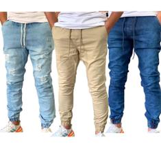 Kit 3 Calças Jeans Masculinas jogger Dia a Dia Varias Cores punho ajustavel