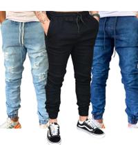 Kit 3 Calças Jeans Masculinas jogger Dia a Dia Varias Cores punho ajustavel