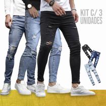 Kit 3 Calças JEANS RASGADAS SKINNY Masculinas Casual Elastano Slim Preta Azul Azul Claro 480