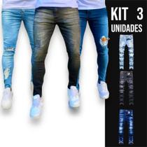 Kit 3 Calças JEANS RASGADAS SKINNY Masculinas Casual Elastano Slim Preta Azul Azul Claro 480