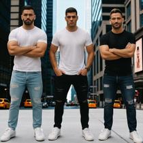 Kit 3 Calças JEANS RASGADAS SKINNY Masculinas Casual Elastano Slim Preta Azul Azul Claro 480 Kit 3 Calças JEANS RASGADAS SKINNY Masculinas Casual Elastano Slim Preta Azul Azul Claro 480