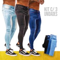 Kit 3 Calças JEANS SKINNY LISO Masculinas Casual Elastano Slim Preta Azul Azul Claro 444