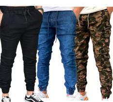 Kit 3 Calças Jogger Jeans e Sarja Várias Cores Masculina Linha Premium Slim Fit