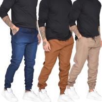 kit 3 calças jogger masculina c / elastico moda jeans e sarja a pronta entrega
