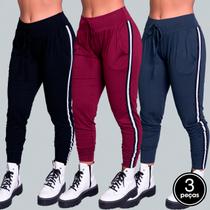 Kit 3 Calças Ribana Feminina Com Listra Lateral Casual