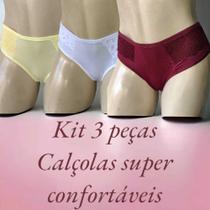 Kit 3 Calcinha Calçola Reforçada Micro Fibra Detalhes em Renda Calcinha Lingerie