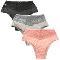 Kit 3 Calcinha Cintura Alta Com Renda Cós Alto Fristyle Microfibra Feminina Adulto Kit 3 Calcinha Cintura Alta Com Renda Cós Alto Fristyle Microfibra Feminina Adulto