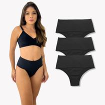 Kit 3 Calcinha Cintura Alta Tapa Barriga Cor Preta Rupee