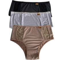 Kit 3 Calcinha Cós Alto Feminino Plus Size Calçola Senhora Lingerie Cintura Alta Vovó Renda Conforto