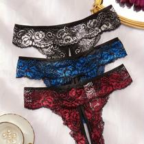Kit 3 Calcinha de Renda Floral com abertura Frontal ElaShopp Kit 3 Calcinha de Renda Floral com abertura Frontal ElaShopp