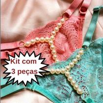 Kit 3 Calcinha de tule ou renda com pérolas lingerie tanga