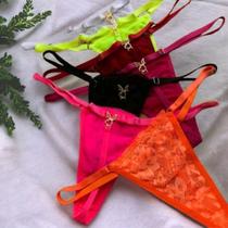 Kit 3 Calcinha Tanga Fio Dental Playboy em Renda Lingerie Feminina Sensual Roupa Íntima