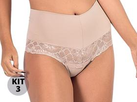 Kit 3 Calcinhas Cintura Alta Cós Duplo Poliamida com Renda Modela Cintura