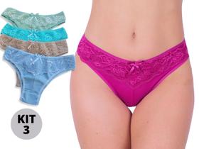 Kit 3 Calcinhas em Cotton Algodão com Renda Sobreposta Tradicional Conforto