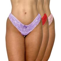 Kit 3 Calcinhas Femininas Fio Tule com Renda Transparente Sexy Confortável Moda Íntima Elegante e Encantadora