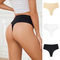Kit 3 Calcinhas Fio Dental Sem Costura Cós Alto Duplo Compressão Corte a Laser Cintura Alta