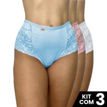 Kit 3 Calcinhas Microfibra Com Renda na Lateral Larga Lingerie Confortável e Elegante