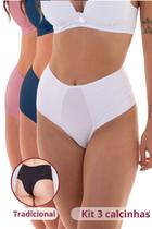 Kit 3 Calcinhas Tradicional Lateral Larga Branco, Azul Atalaia e Rosê