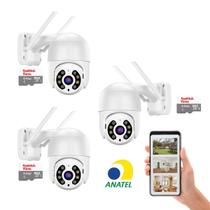 Kit 3 Câmeras Ip Externa Wifi Alta Resolução Segurança Prova Dágua Full HD Visão Noturna Infravermelho Speed Dome 360 Rotação Com 3 Cartão SD 64gbNf