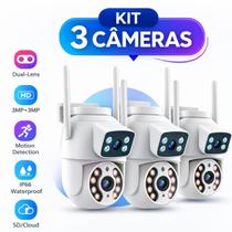 Kit 3 Câmeras IP WiFi 360 Lente Dupla 6MP Prova D'Água Áudio Detecção Movimento