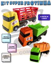 Kit 3 Caminhão Brinquedo Coletor De Lixo Caçamba E Boiadeiro Com Animais Articulado Infantil Super Frotinha Divplast
