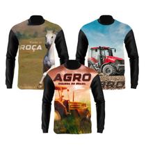 Kit 3 Camisa Camiseta Agro Masculina Manga Longa Bruto Fazenda Trator Bruto Blusa Com Proteção Solar UV 50