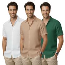 Kit 3 Camisa de linho Masculina para verão praia manga curta fresca moda