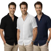 Kit 3 Camisa de linho Masculina para verão praia manga curta fresca moda Kit 3 Camisa de linho Masculina para verão praia manga curta fresca moda