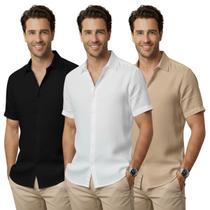 Kit 3 Camisa de linho Masculina para verão praia manga curta fresca moda