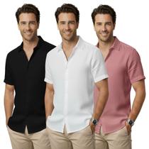 Kit 3 Camisa de linho Masculina para verão praia manga curta fresca moda Kit 3 Camisa de linho Masculina para verão praia manga curta fresca moda
