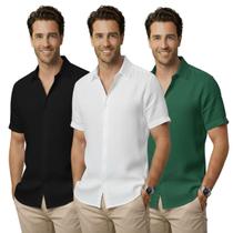 Kit 3 Camisa de linho Masculina para verão praia manga curta fresca moda Kit 3 Camisa de linho Masculina para verão praia manga curta fresca moda