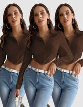 Kit 3 Camisa Feminina Manga Longa Social Cropped Bico Botões Elegante Tendência