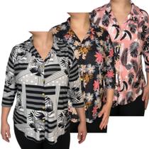 Kit 3 Camisa Feminina Senhoras Malha Liganete Estampadas.