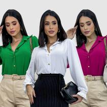 Kit 3 Camisa Feminina Social Crepe Duna Botões Manga Lastex Kit 3 Camisa Feminina Social Crepe Duna Botões Manga Lastex