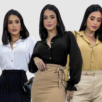 Kit 3 Camisa Feminina Social Crepe Duna Botões Manga Lastex
