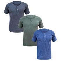 Kit 3 Camisa Henley Camiseta Slim Botão Manga Curta Algodão Não Amassa Confortável