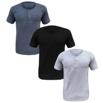 Kit 3 Camisa Henley Camiseta Slim Botão Manga Curta Algodão Não Amassa Confortável