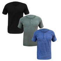 Kit 3 Camisa Henley Camiseta Slim Botão Manga Curta Algodão Não Amassa Confortável
